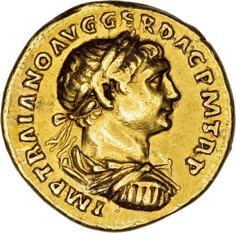 Античная монета · Trajan · Aureus · I в., аверс, Федеральное государственное бюджетное учреждение культуры "Государственный музей изобразительных искусств имени А.С. Пушкина"