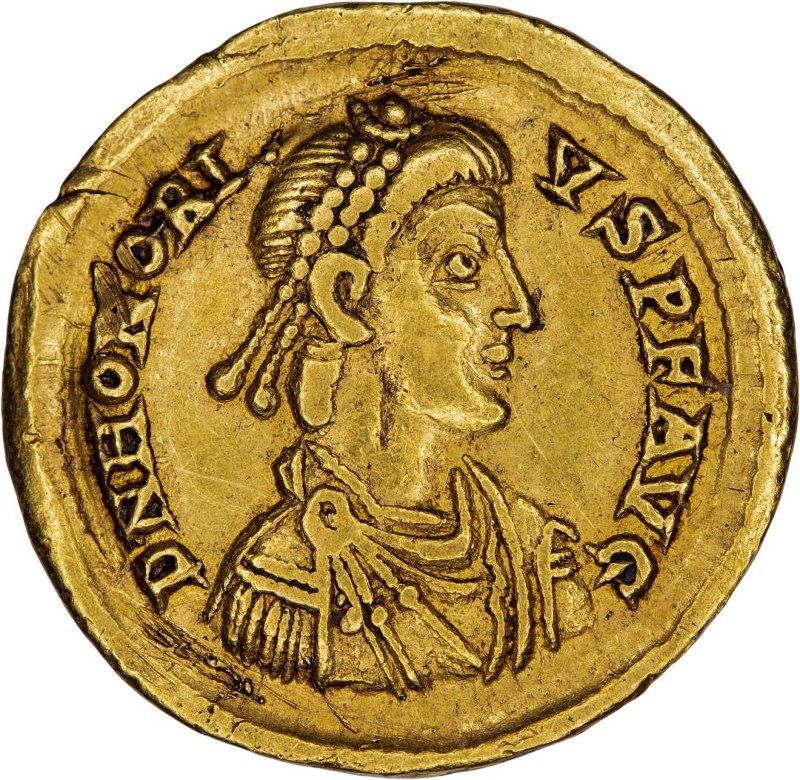 Античная монета · Honorius · Solidus · III в., аверс, Федеральное государственное бюджетное учреждение культуры "Государственный музей изобразительных искусств имени А.С. Пушкина"