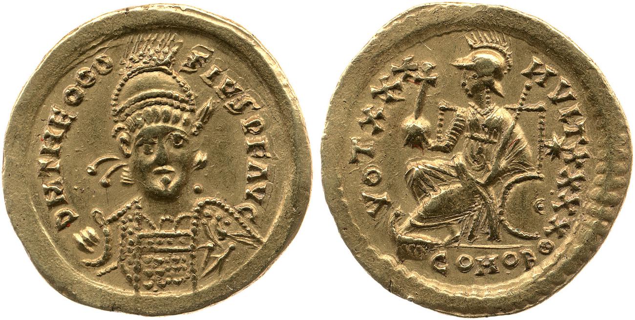 RIC X Theodosius II (East) 257, аверс, bm