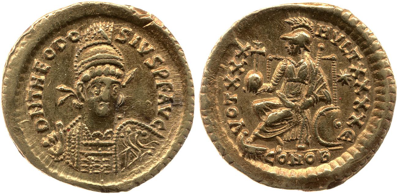 RIC X Theodosius II (East) 257, аверс, bm