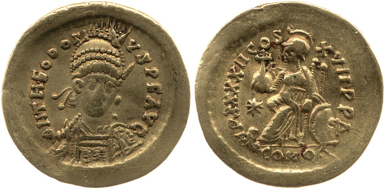 RIC X Theodosius II (East) 285, аверс, bm