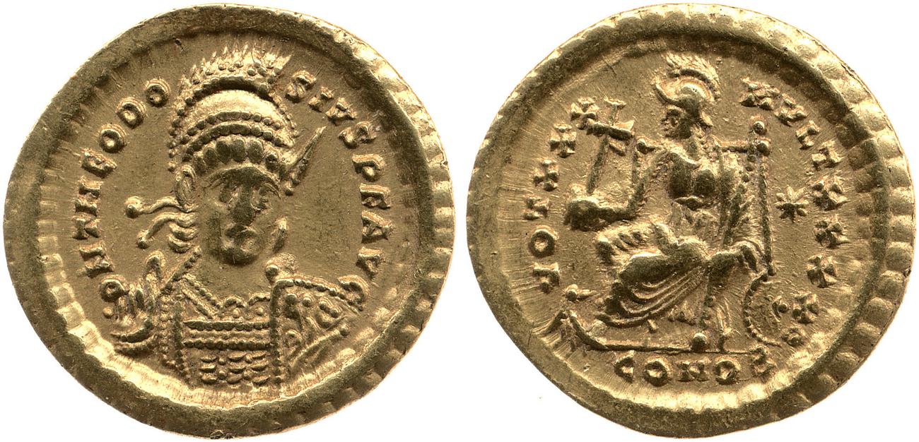 RIC X Theodosius II (East) 257, аверс, bm