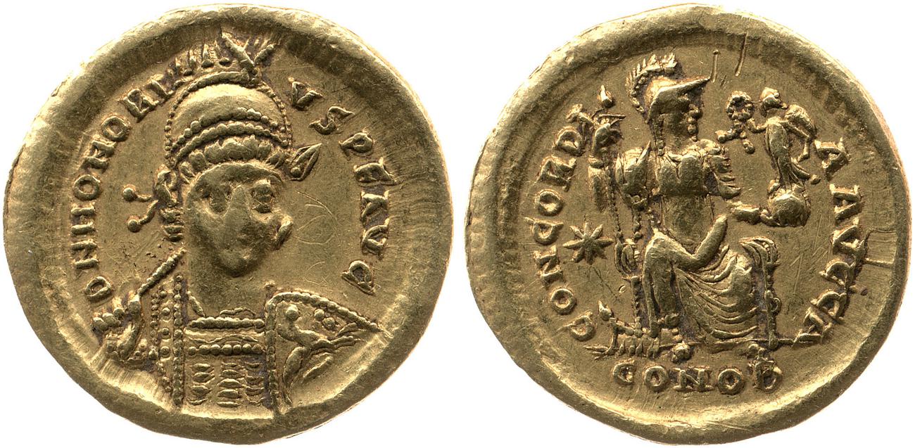 RIC X Theodosius II (East) 201, аверс, bm